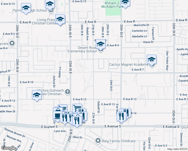 map of restaurants, bars, coffee shops, grocery stores, and more near East Avenue R8 in Palmdale