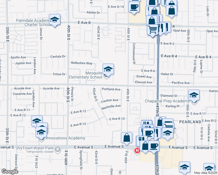 map of restaurants, bars, coffee shops, grocery stores, and more near 4303 Portland Avenue in Palmdale