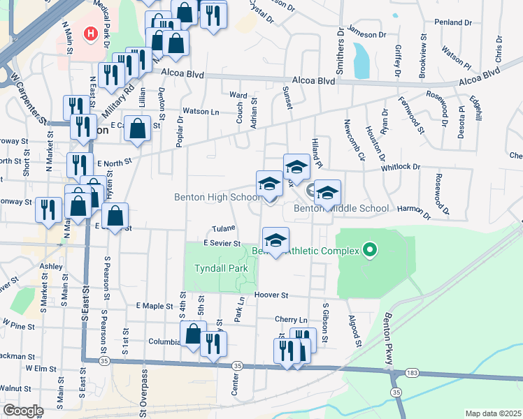 map of restaurants, bars, coffee shops, grocery stores, and more near 411 North Border Street in Benton