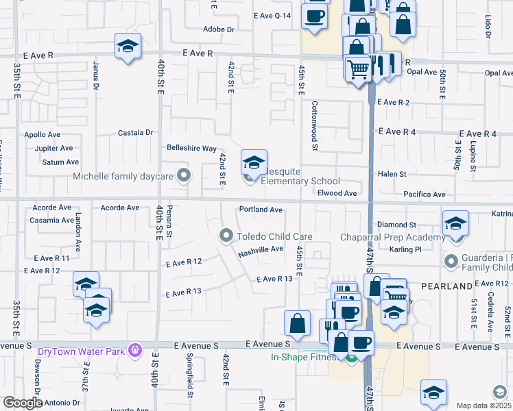 map of restaurants, bars, coffee shops, grocery stores, and more near 4303 Portland Avenue in Palmdale