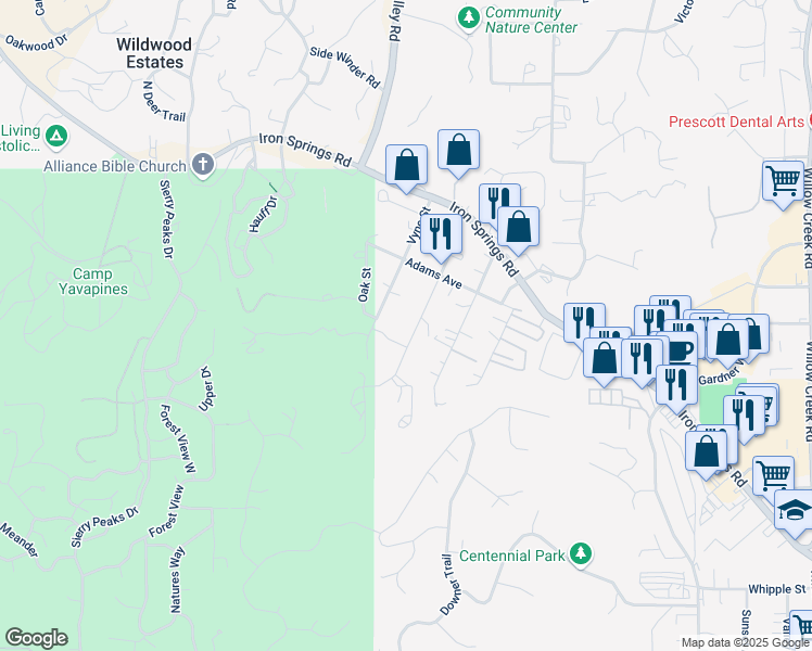 map of restaurants, bars, coffee shops, grocery stores, and more near 1519 Vyne Street in Prescott
