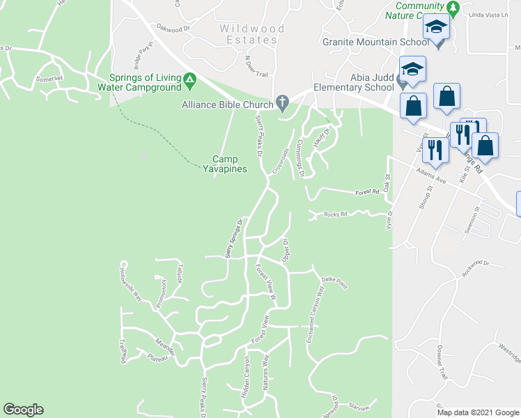 map of restaurants, bars, coffee shops, grocery stores, and more near 1539 Sierry Peaks Drive in Prescott