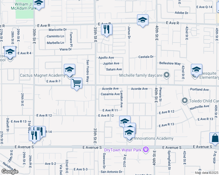map of restaurants, bars, coffee shops, grocery stores, and more near 3603 Acorde Avenue in Palmdale