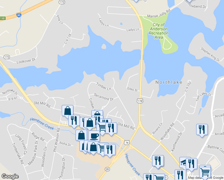 map of restaurants, bars, coffee shops, grocery stores, and more near 501 Timberlane Drive in Anderson