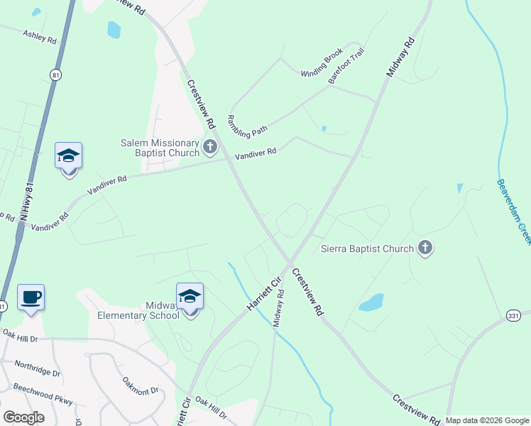 map of restaurants, bars, coffee shops, grocery stores, and more near 1220 Crestview Road in Anderson