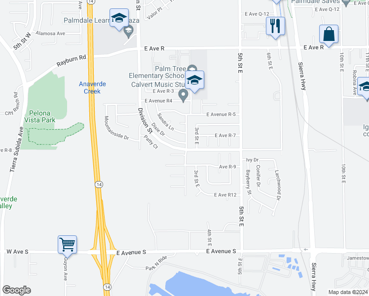 map of restaurants, bars, coffee shops, grocery stores, and more near Division Street in Palmdale