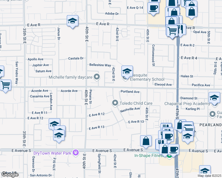 map of restaurants, bars, coffee shops, grocery stores, and more near in Palmdale