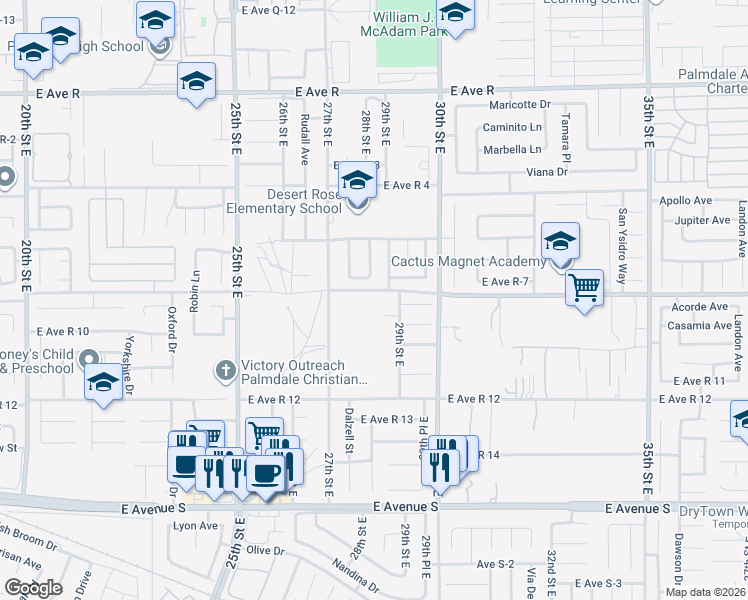 map of restaurants, bars, coffee shops, grocery stores, and more near 37607 29th Street East in Palmdale