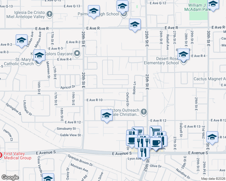 map of restaurants, bars, coffee shops, grocery stores, and more near 2130 Scott Avenue in Palmdale