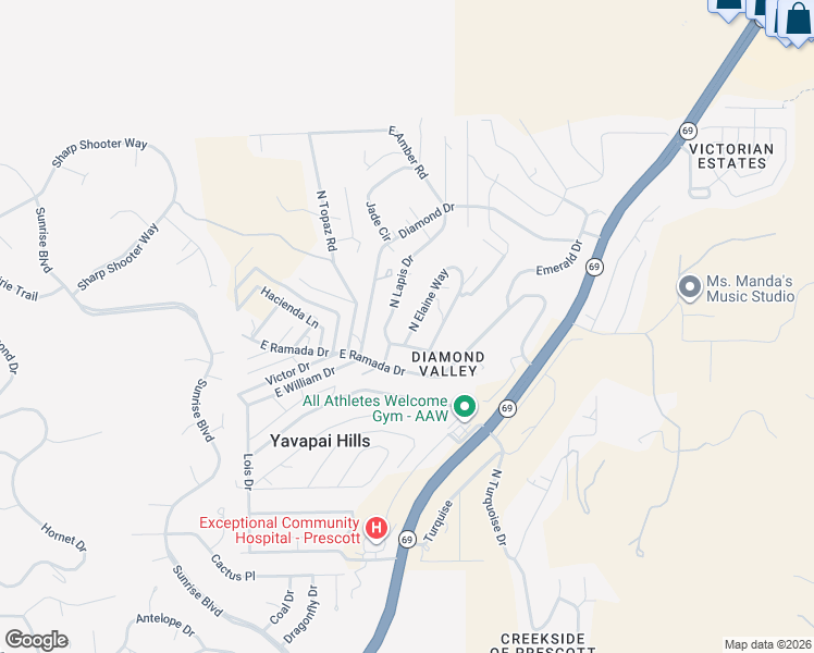 map of restaurants, bars, coffee shops, grocery stores, and more near 1538 North Elaine Way in Prescott