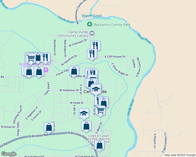 map of restaurants, bars, coffee shops, grocery stores, and more near 300 Arizona 260 in Camp Verde