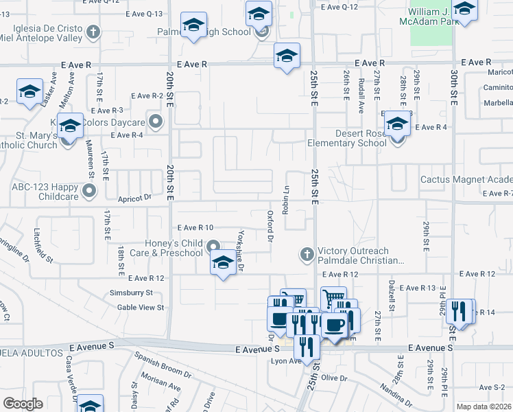 map of restaurants, bars, coffee shops, grocery stores, and more near 2243 Brighton Court in Palmdale