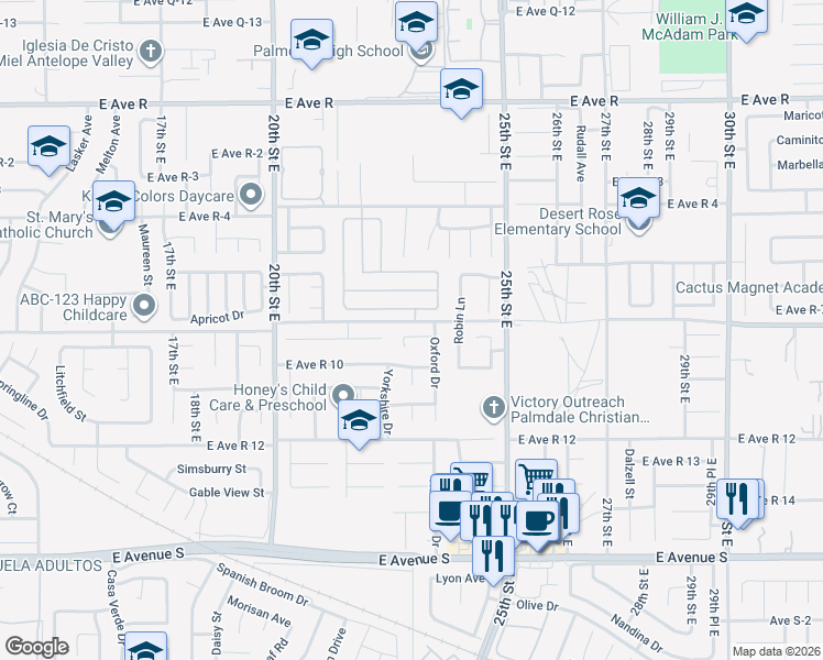 map of restaurants, bars, coffee shops, grocery stores, and more near 2243 Brighton Court in Palmdale
