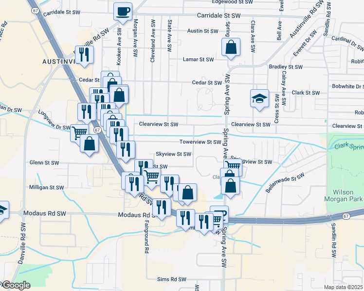 map of restaurants, bars, coffee shops, grocery stores, and more near 1014 Towerview Street Southwest in Decatur