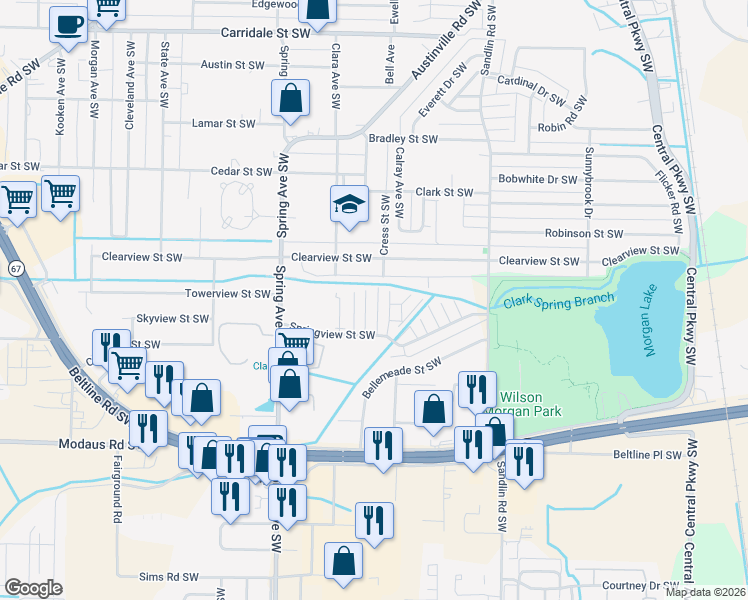 map of restaurants, bars, coffee shops, grocery stores, and more near 2401 Halifax Place Southwest in Decatur