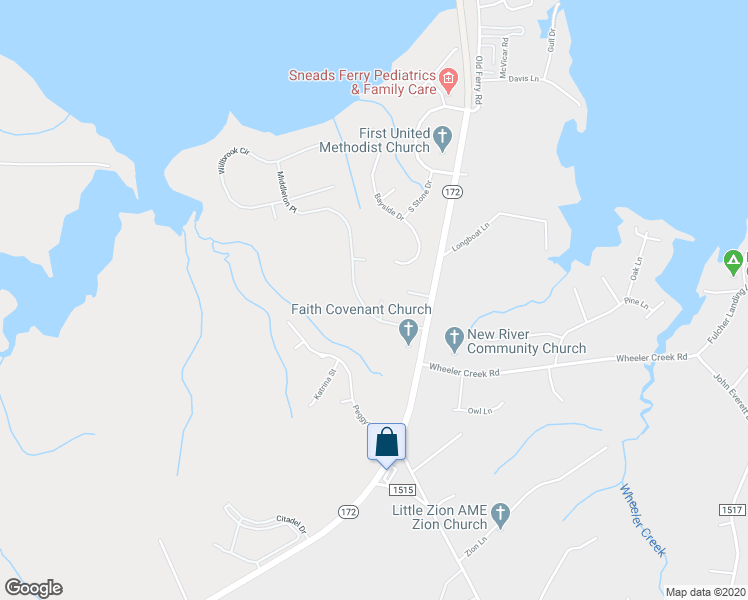 map of restaurants, bars, coffee shops, grocery stores, and more near 103 Camden Court in Sneads Ferry