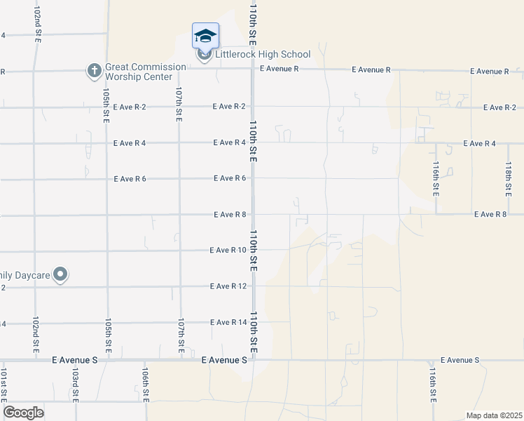 map of restaurants, bars, coffee shops, grocery stores, and more near 110th Street East in Sun Village