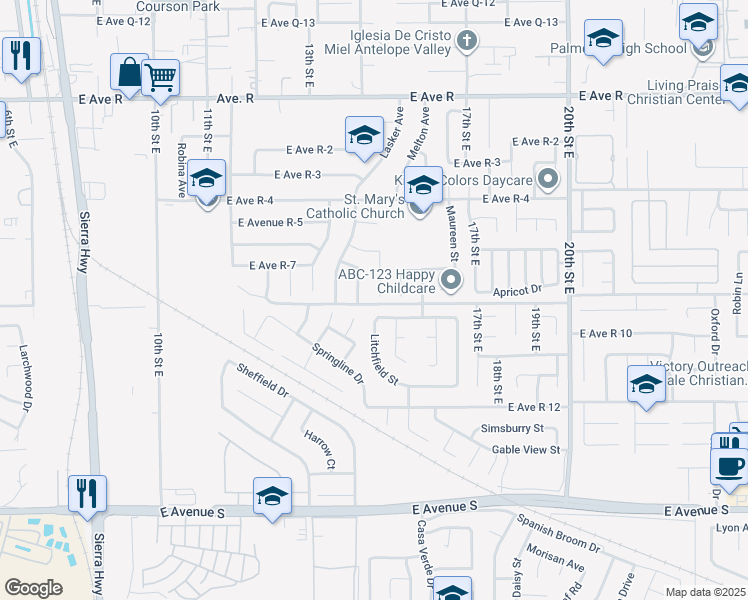 map of restaurants, bars, coffee shops, grocery stores, and more near 37603 Melton Avenue in Palmdale