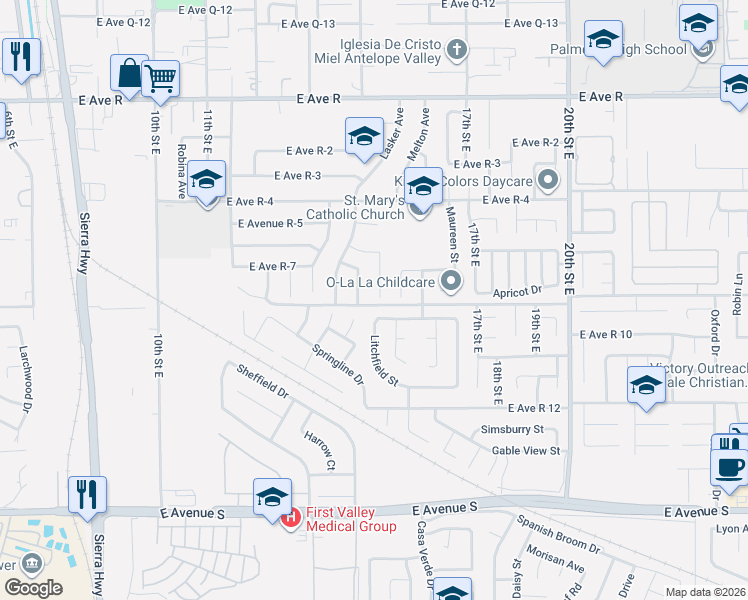 map of restaurants, bars, coffee shops, grocery stores, and more near 37603 Melton Avenue in Palmdale