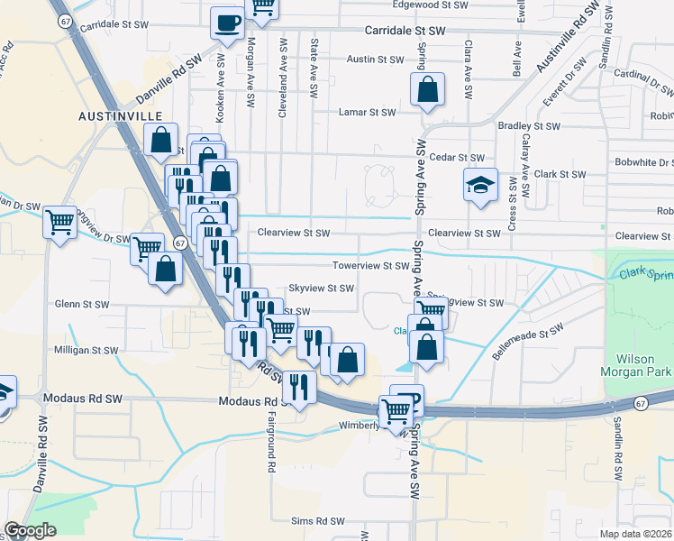 map of restaurants, bars, coffee shops, grocery stores, and more near 1014 Towerview Street Southwest in Decatur