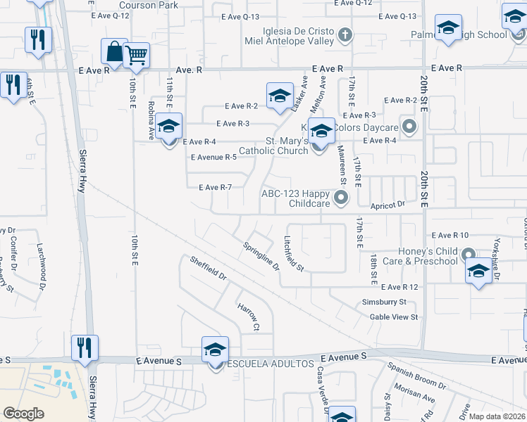 map of restaurants, bars, coffee shops, grocery stores, and more near 37622 Lasker Avenue in Palmdale