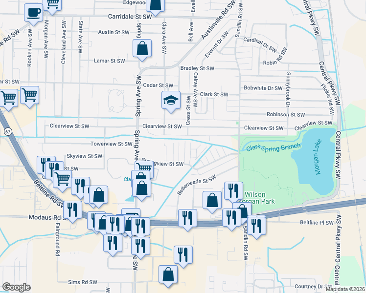 map of restaurants, bars, coffee shops, grocery stores, and more near 2401 Halifax Place Southwest in Decatur