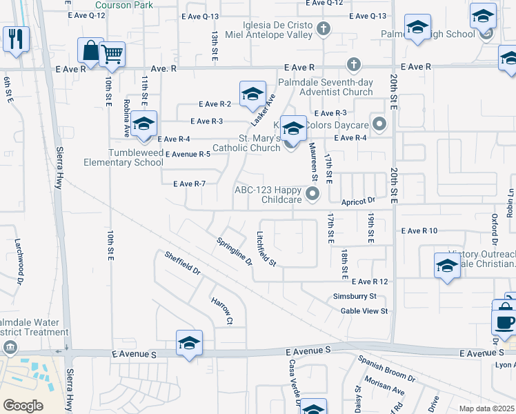 map of restaurants, bars, coffee shops, grocery stores, and more near 37603 Melton Avenue in Palmdale