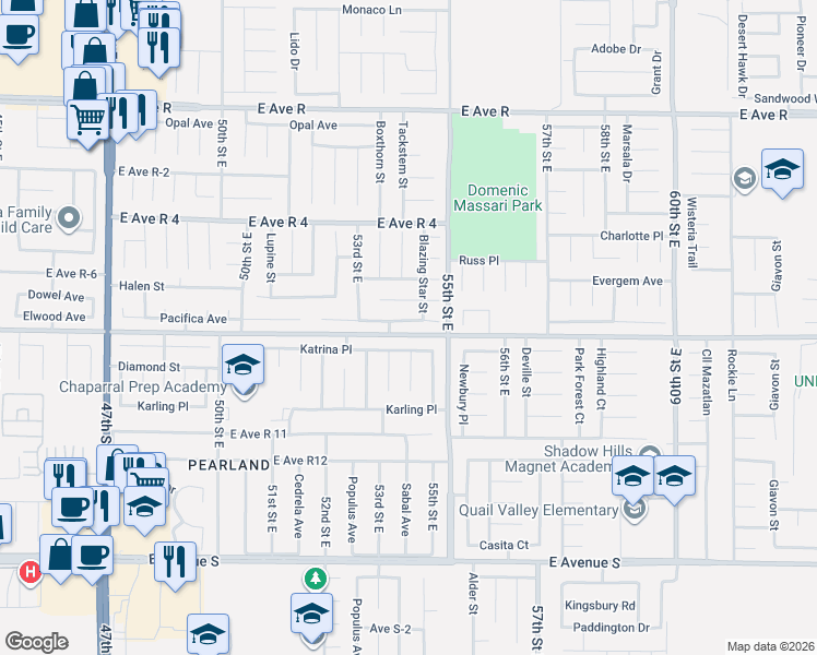map of restaurants, bars, coffee shops, grocery stores, and more near 5350 Blue Sage Drive in Palmdale