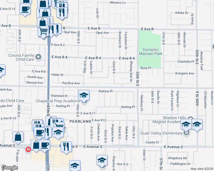 map of restaurants, bars, coffee shops, grocery stores, and more near 5161 Blue Sage Drive in Palmdale