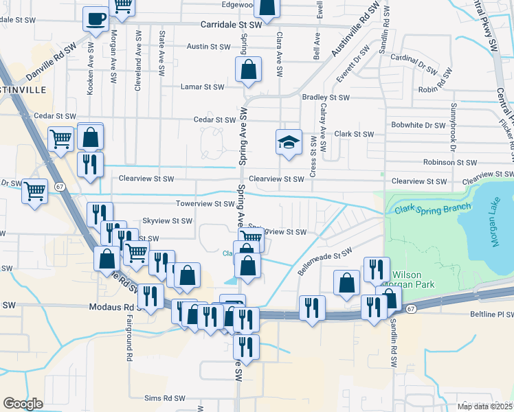map of restaurants, bars, coffee shops, grocery stores, and more near 2500 Spring Avenue Southwest in Decatur