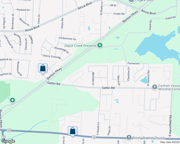 map of restaurants, bars, coffee shops, grocery stores, and more near 322 Michelle Drive in Benton