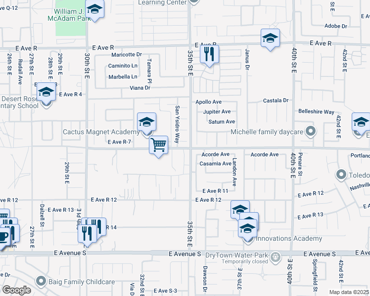 map of restaurants, bars, coffee shops, grocery stores, and more near East Avenue R8 in Palmdale
