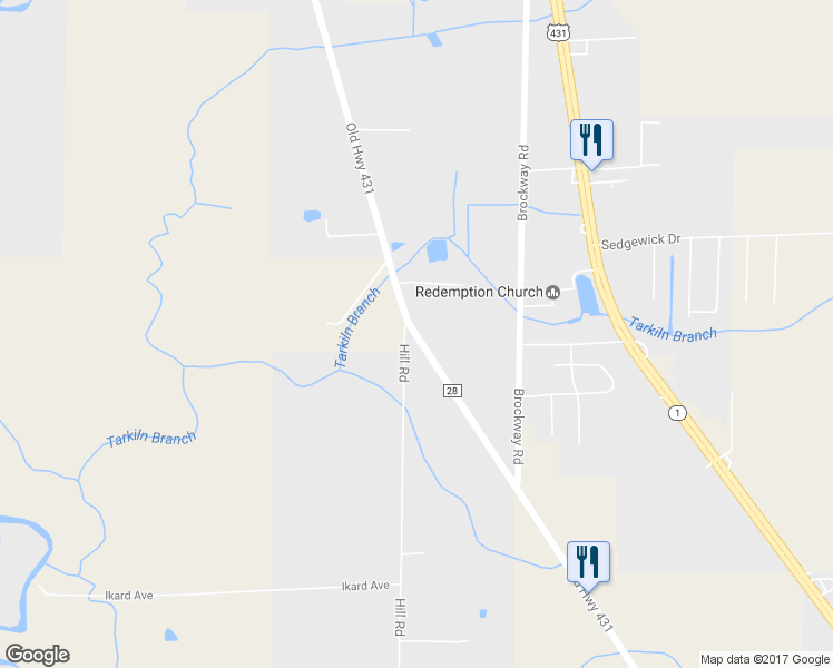 map of restaurants, bars, coffee shops, grocery stores, and more near 3703 Old Highway 431 in Owens Cross Roads