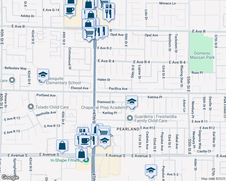 map of restaurants, bars, coffee shops, grocery stores, and more near 37620 Christensen Court in Palmdale