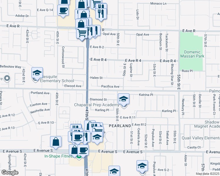 map of restaurants, bars, coffee shops, grocery stores, and more near 37620 Christensen Court in Palmdale