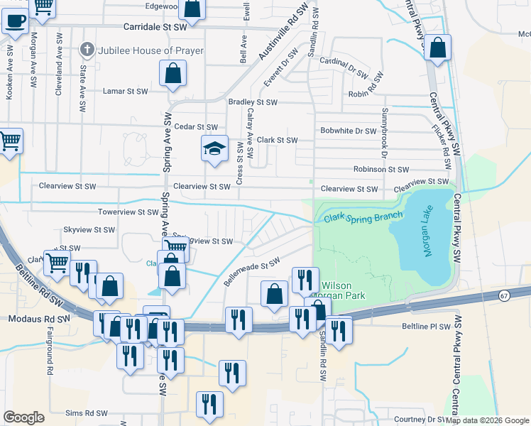 map of restaurants, bars, coffee shops, grocery stores, and more near 501 Aspen Way in Decatur