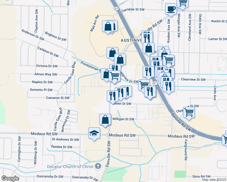 map of restaurants, bars, coffee shops, grocery stores, and more near 2424 Danville Road Southwest in Decatur