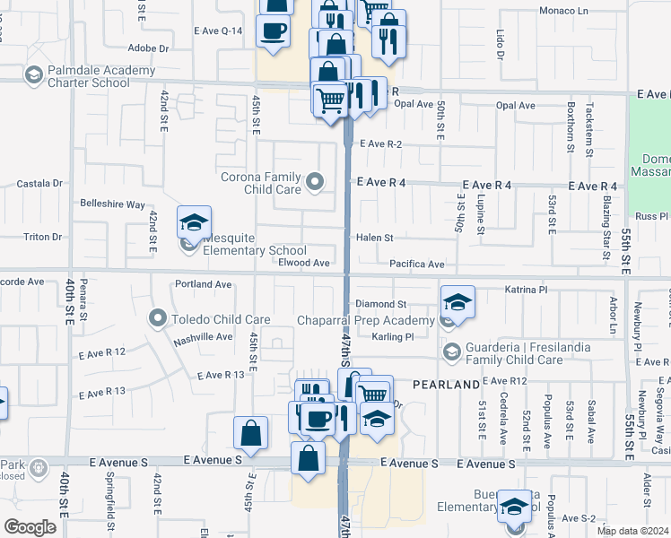 map of restaurants, bars, coffee shops, grocery stores, and more near 4646 Elwood Avenue in Palmdale