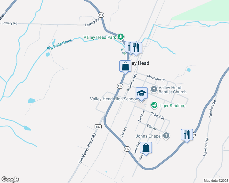 map of restaurants, bars, coffee shops, grocery stores, and more near 53 School Street in Valley Head