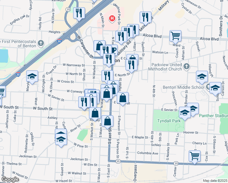 map of restaurants, bars, coffee shops, grocery stores, and more near 215 East Cross Street in Benton