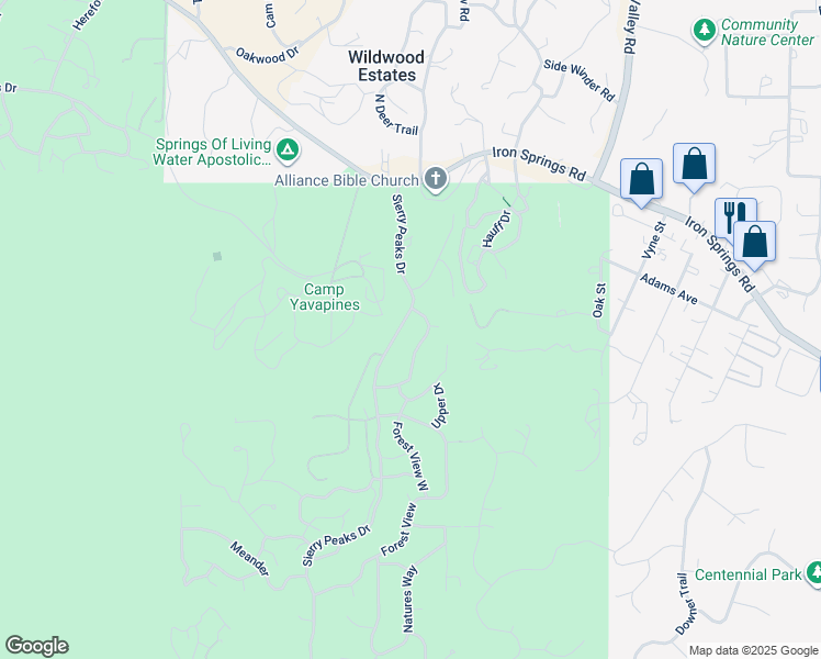 map of restaurants, bars, coffee shops, grocery stores, and more near 1539 Sierry Peaks Drive in Prescott