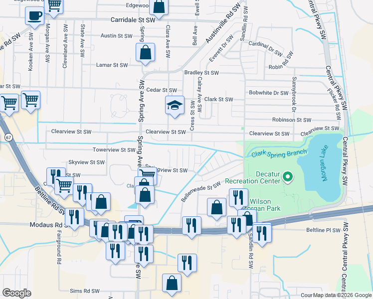 map of restaurants, bars, coffee shops, grocery stores, and more near 2401 Halifax Place Southwest in Decatur
