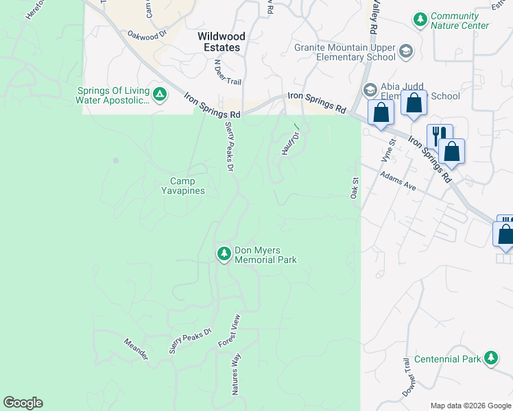 map of restaurants, bars, coffee shops, grocery stores, and more near 1954 Sunnyside Lane in Prescott