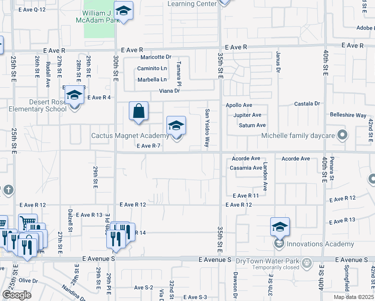 map of restaurants, bars, coffee shops, grocery stores, and more near Skypark Way in Palmdale