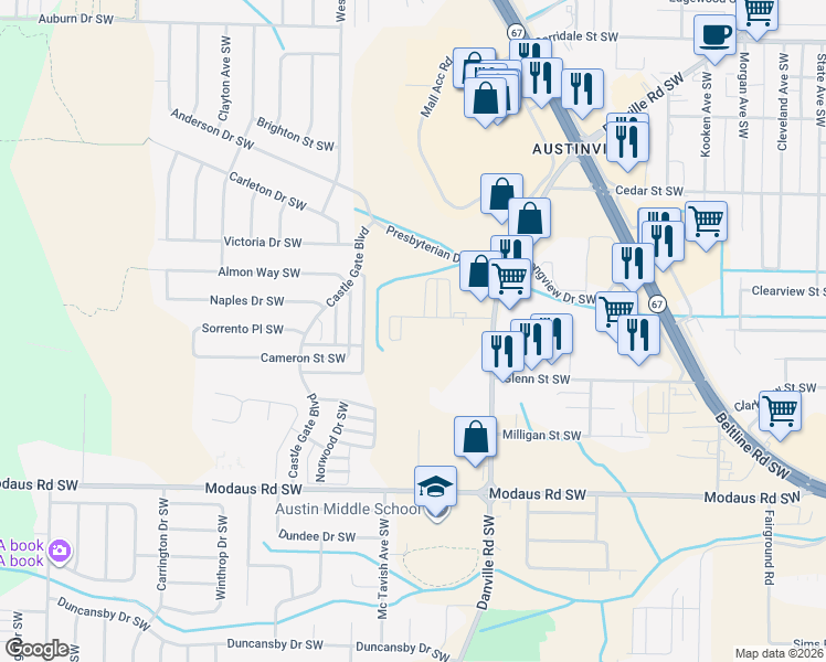 map of restaurants, bars, coffee shops, grocery stores, and more near 2025 Danville Park Drive Southwest in Decatur