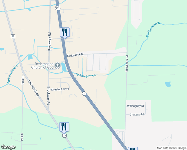 map of restaurants, bars, coffee shops, grocery stores, and more near 155 Darrow Creek Drive in Owens Cross Roads