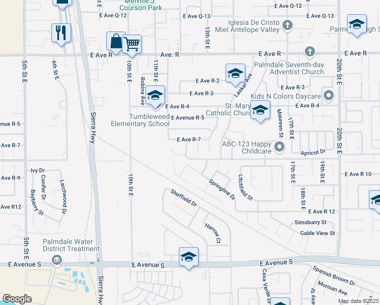 map of restaurants, bars, coffee shops, grocery stores, and more near 37618 12th Street East in Palmdale