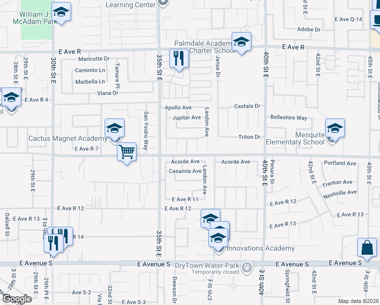 map of restaurants, bars, coffee shops, grocery stores, and more near 37609 36th Street East in Palmdale