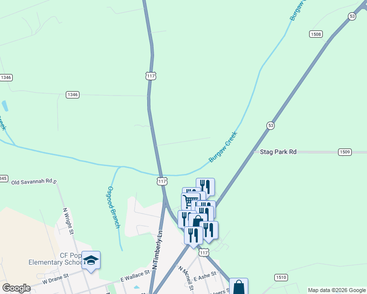 map of restaurants, bars, coffee shops, grocery stores, and more near 128 Peterson Hill Avenue in Burgaw