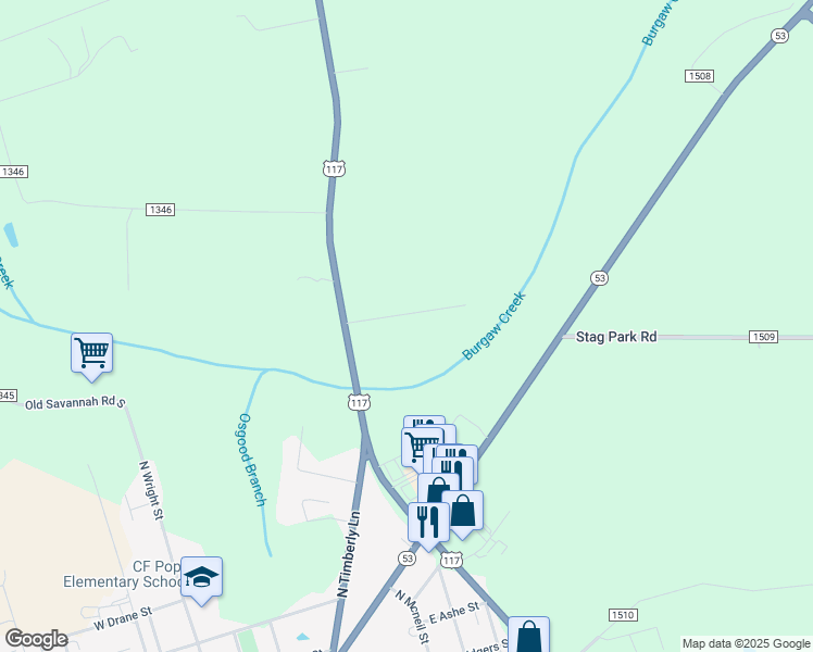 map of restaurants, bars, coffee shops, grocery stores, and more near 128 Peterson Hill Avenue in Burgaw